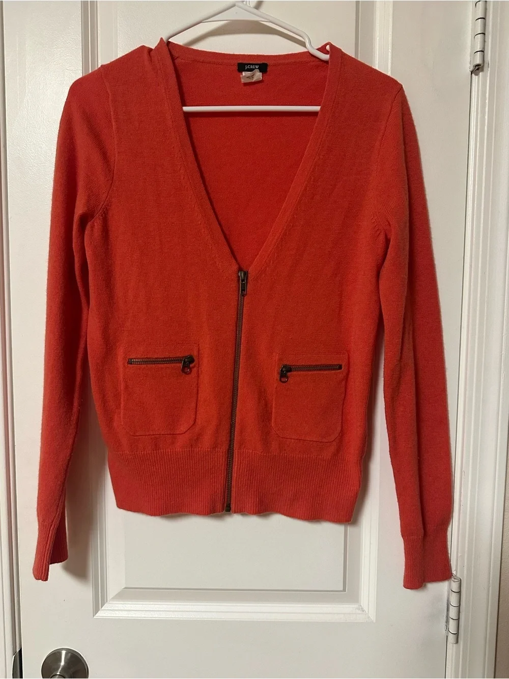 J. Crew Bright Coral Zip-Front V-Neck Cardigan. Wool/Cashmere blend